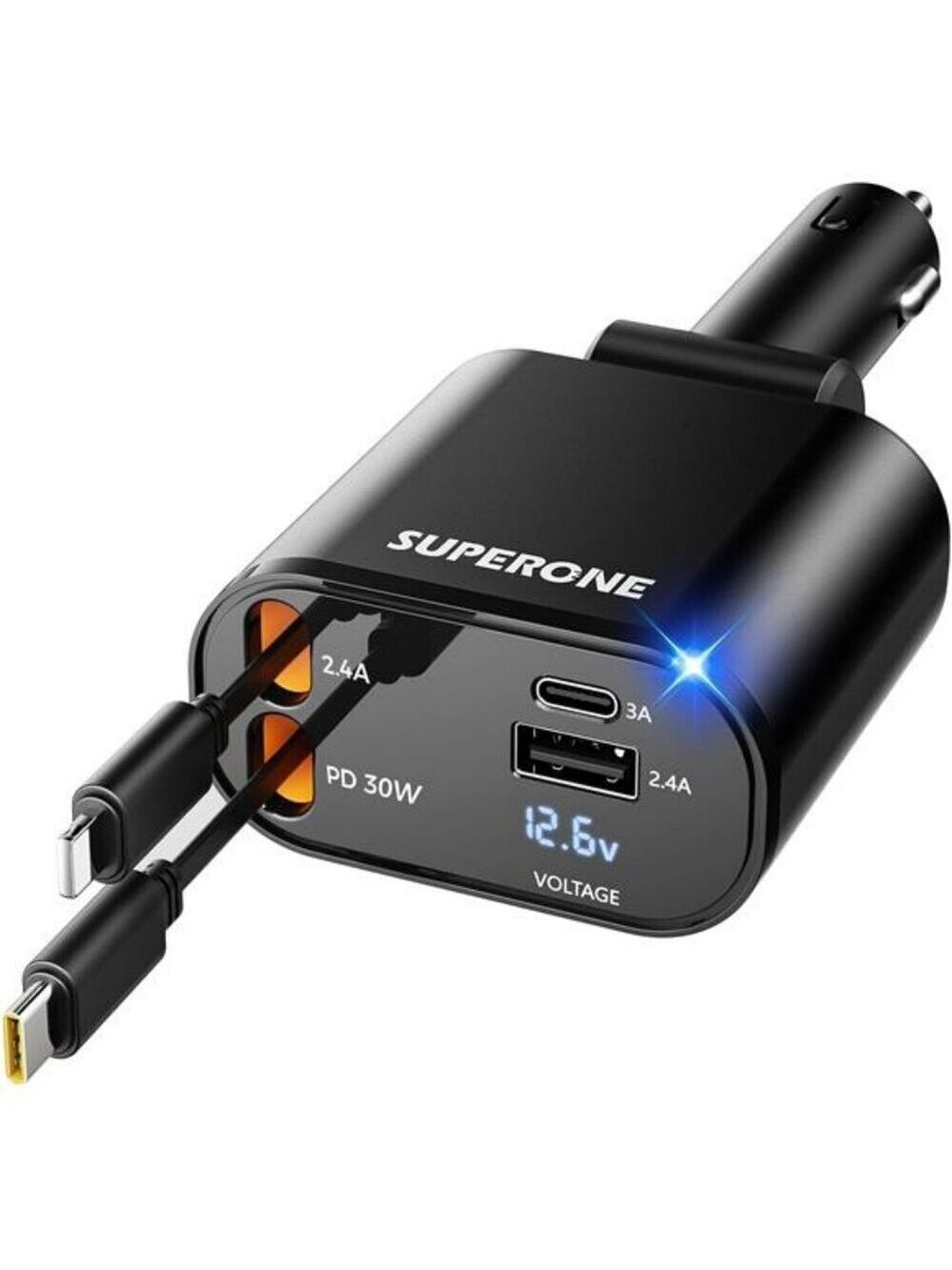 Fast Car Charger 4 in 1 Retractable USB C iPhone Android Adapter 12V 24V